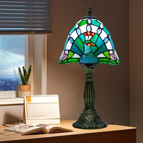 Ppbmocw Tiffany Style Lamp,Green Peacock,3 Color Temperatures,8 inch | Small Stained Glass Table Lamp For Bedside,Living Room,Bedroom,Reading,Traditional Light,Vintage Art Deco Lamps,Holiday Gifts