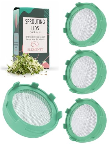 Elementi Sprouting Lids for Wide Mouth Mason Jars (Set of 4), Sprouting Jar Kit for Organic Sprouts, Alfalfa & Mung Bean Sprouts Grow Kit, 316 Stainless Steel Mesh Screen Strainer Lid (Mint Green)