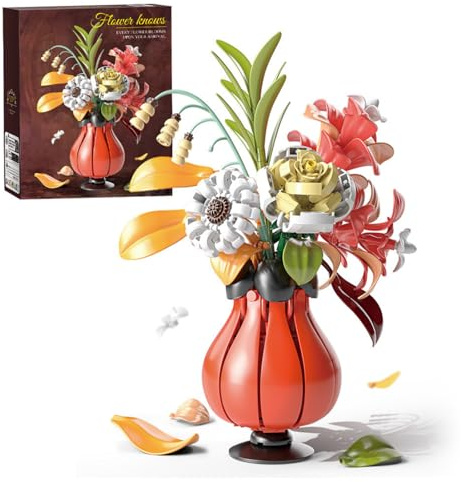 JVAVNE Bouquet de fleurs artificielles - 315 pièces - Kit de construction avec vase, décoration d'intérieur, cadeau de Saint-Valentin et d'anniversaire pour femme, compatible avec les grandes marques