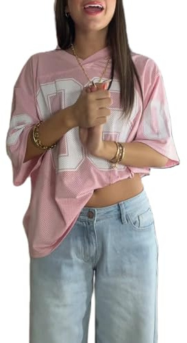 Letter Printed Jersey T-Shirtfor Women Loose Oversized V Neck Mesh Short Sleeve Top Number Graphic Y2k Sport Tees for Party Casual (A-01, XL)