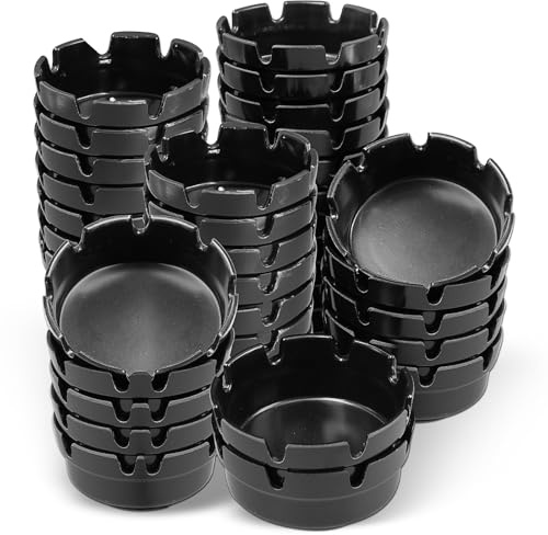 40 Pack Black Plastic Ashtrays Round Ash Trays Bulk with Notches Melamine Cigarette Ashtrays for Bars Office Restaurant or Outdoor, 10cm