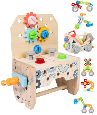 Onalix Set Attrezzi in Legno Montessori 50 Pezzi per Bambini con Cassetta 3-in-1(Banco,Auto,Valigetta) Giochi Educativi DIY per Motricità Fine e Costruzione, Regalo Sicuro Compleanno,Natale 3–6 Anni