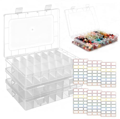 JNEYVIC 3 Pezzi Scatola di Plastica con Coperchio con 6 Etichette Adesive, Scatola di Plastica con 24 Scomparti Regolabili Scatole di Smistamento per Piccoli Oggetti Organizzatori di Piccole Perline