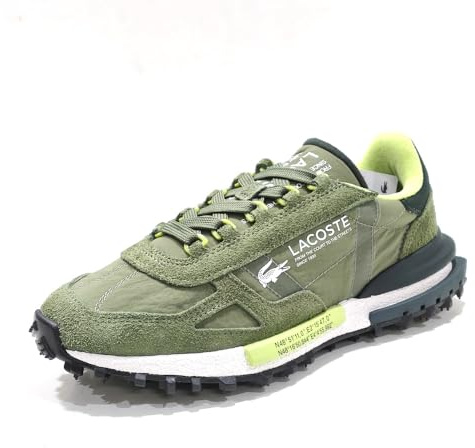 Lacoste Elite Active Zapatillas Deportivas Running, Verde Khaki, Nailon y Ante, Suela Caucho Texturizada, Estilo Retro Años 70 (Sistema Tallas Calzado EU, Adulto, Hombre, Números, Mediano, 43)
