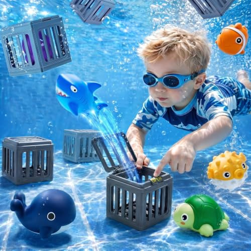 Azazaza 6 Pcs Pool Diving Toys Set for Kids, Underwater Swimming Rescue Game with Animal Floating Cages, Bath Toys Pool Games Training Gift for Toddlers Boys Girls Age 3+