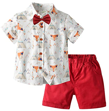 Volunboy Sommardräkter för barn, kortärmad skjorta med tryck och hawaiiansk shorts set, Röd räv, 2-3 �r
