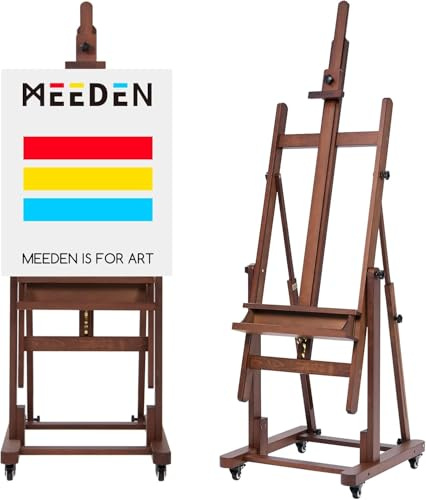 MEEDEN Extra Large H-Frame Studio Easel - Solid Beech Wooden Artist Professional Heavy-Duty Easel, Painting Art Easel Stand with 4 Premium Locking Silent Caster Wheels, Hold Max 82, Classic Walnut