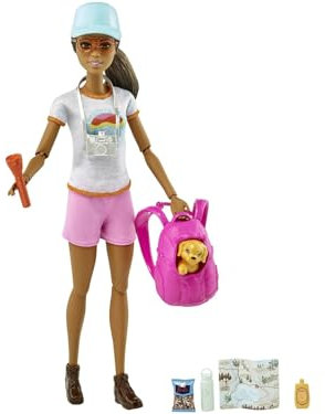 Barbie-Puppe, Wander, Wander-Set, Zubehör, Hut, Sonnenbrille, Taschenlampe, Karte, Fotoapparat, Welpe, inkl Puppe, Geschenk für Kinder, Spielzeug ab 3 Jahre,HNC39