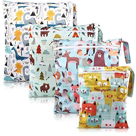 Wetbag, Borsa per Pannolini di Stoffa, 4 Pezzi, Impermeabile, Riutilizzabile, Con Chiusura Lampo, per Neonati, Multicolore, Tasca sul Naso