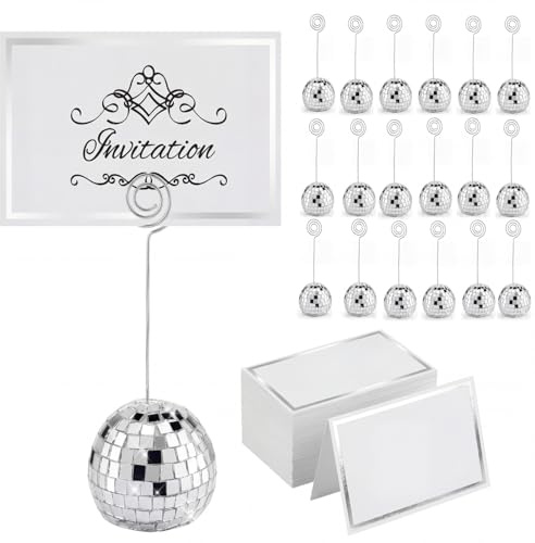 Maitys 60 Pcs Disco Ball Table Number Holders Disco Bachelorette Party Decor Silver Place Card with Swirl Wire Name Cards Photo Stand Clips Picture Holder for Wedding Party Favor (2 Inch)