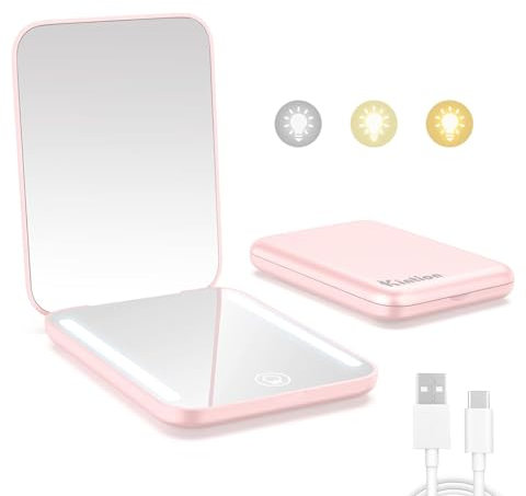Kintion Wiederaufladbarer Taschenspiegel, LED Kompakt Reise Make up Spiegel, 3 Farbtemperaturen, Dimmbar, Tragbarer Kompaktspiegel, Kleine Handtaschenspiegel für Frauen als Geschenk, Rosa