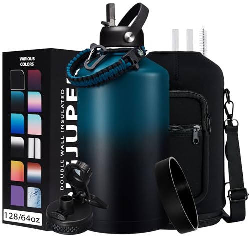 1 Gallon Water Bottle Stainless Steel - 128oz Insulated Flask Water Bottle with Sleeve Strap, Big Water Jug with Straw & Spout Lid, Gym Camping Gallon Water Bottle w/Paracord Handle, protective Boot