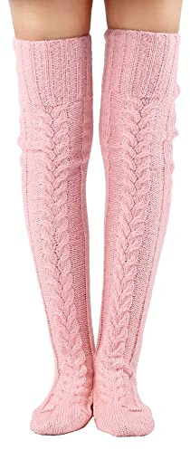 Thajaling Calze alte a maglia a cavo da donna, calze sopra il ginocchio, calze scaldamuscoli invernali extra lunghe (85cm, Rosa)