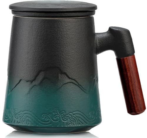 suyika Tea Cup with Infuser and Lid, 15.2 Ounce Wood Handle Ceramic Loose Leaf Mug Gradient Black&Green 450ml