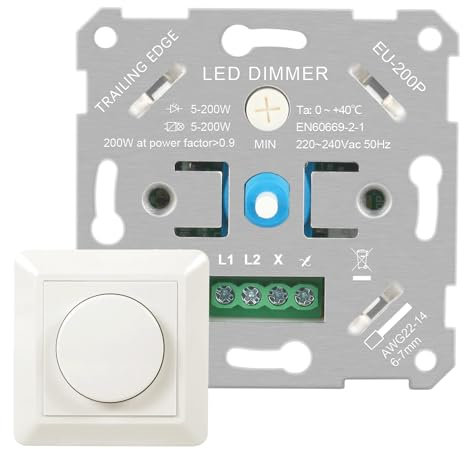 Aroidful Interrupteurs et Variateurs d'intensite AC 220-240V, Variateur LED pour Lampes LED Graduables, Compatible avec 5-200W Lampes à incandescence et à halogènes, avec Fonction de Mémorisation