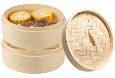 Tagtight Traditioneller Bambusdämpfer & Dampfgarer 2 Etagen, Ø 20cm Asiatischer Dämpfkorb Kocher Set mit Deckel, Dampfkorb Für Pasta, Dim Sum, Gemüse, Fisch oder Fleisch, Dumpling Maker