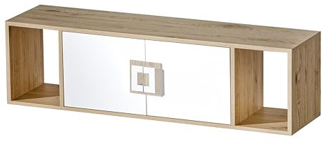 MINIO go for it - Wandregal Nimes 12, 120x33x31 cm, Hängeschrank mit 2 Türen, Hängevitrine mit 3 Nischen, Wand Regal, Ideal für das Wohnzimmer und Kinderzimmer, Farbe Eiche Hell/Weiß