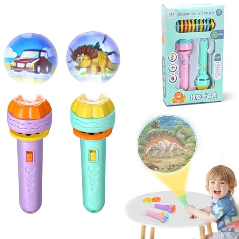 Projektor Taschenlampe Kinder - 2 PCS Kinder Taschenlampe ab 3 Jahre, Projektionslicht Spielzeug, Diaprojektor mit 80 Tiermustern, Dinosauriern, Transportfahrzeugen, Früchten und Ziffern