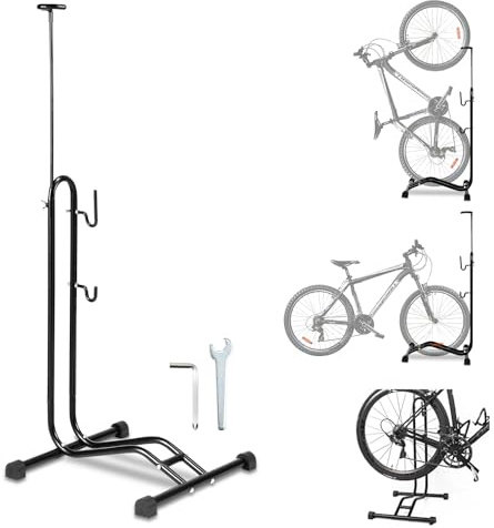 Fiqops 3-i-1 cykelställ golv 20 till 29 tum, cykelställ horisontellt och vertikalt hängande, höjdjusterbar, lämplig för fram- eller bakhjul, 42,5 x 43,5 x 117