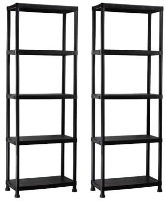 THINIA HOME - Pack 2 Estanterías Almacenaje, Polipropileno PP, Multiusos, Hogar, Trastero, Domitorio y Cocina, 5 Baldas, Carga 125Kg, 61x31x171cm (Largo x Ancho x Alto), Negro