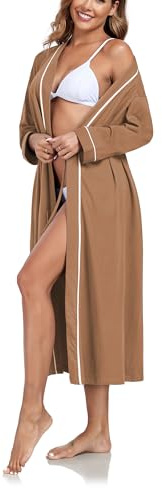 COLORFULLEAF Peignoir de bain 100 % coton pour femme - Léger - Long peignoir de sauna - Manches longues - Kimono avec poches - Vêtement de nuit pour femme, marron, S
