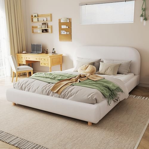 Merax Queen Size Teddy Fleece Thick Fabric Upholstered Platform Bed with Curved Shaped Headboard, Wood Bed Frame with Solid Round Legs for Kids Teens Adults, White