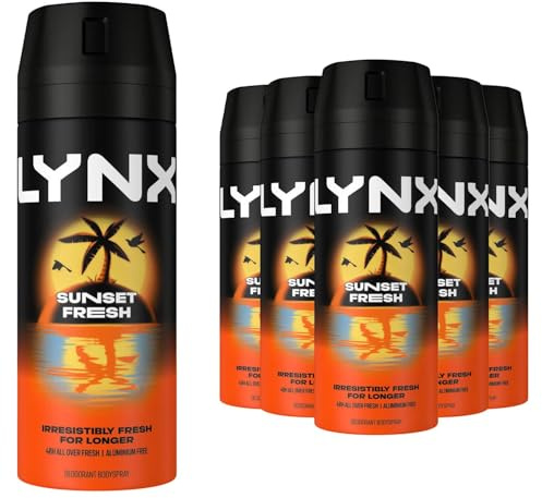 Lynx Men Sunset Fresh Deodorant Body Spray with a mango & mandarin scent for 48 hour all-over freshness 150 ml, Pack of 6
