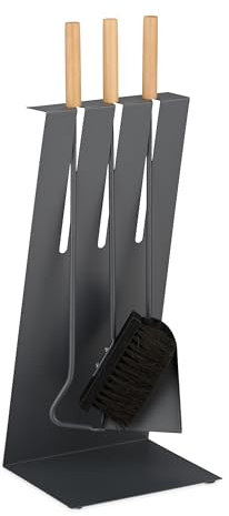 Relaxdays Accesorios Chimenea, Set de 4 Piezas, Atizador, Escoba, Pala y Soporte, Kit de Hierro Estufa, Negro/Plateado, 59 x 23 x 18,5 cm