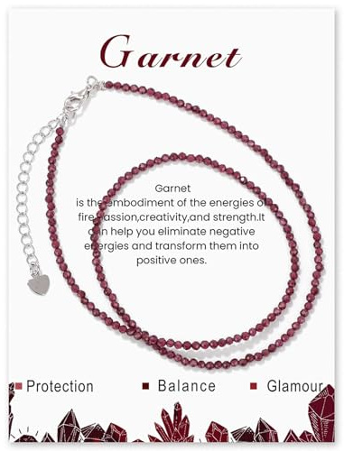 LOCCY Collar de cristal para mujer, collar de cuentas de piedras preciosas de 2 mm, collar de piedra natural para mujer, regalos de cumpleaños, día de la madre y Navidad (Granate)