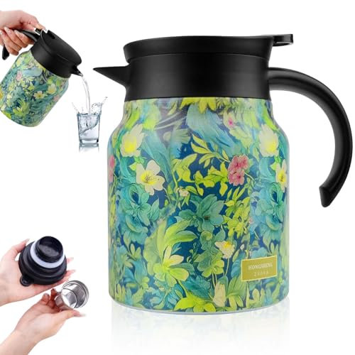 1L Thermal Coffee Carafe, Thermal Flask, Vintage Floral Pattern Tea – Built-in Infuser, Thermal Carafe, Double Walled Stainless Steel Thermal Jug Coffee Pot with Press Button Top for Coffee, Tea