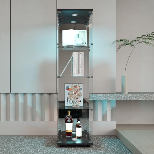 YNYHTER Glasmonter i sten, glasskåp med ljus, 1 dörrar 4 lager, displayskåp för samlingar, stort transparent skåp för vardagsrum, sovrum, pubar (svart, 4 lager + spegel)