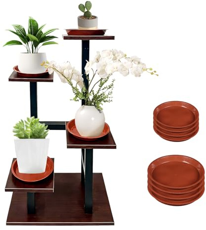 KATLKIU Étagère Plante à 5 Niveaux – 80cm, Support Fleurs en Fer avec 8 Coupelles – Porte-Plantes d’Intérieur Moderne pour Salon Balcon Bureau – Design Industriel Noir