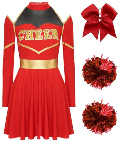 CNYUON Cheerleader-kostym för kvinnor, halloween, Cheerleading, uniform, långärmad, Cheer Up-dansklänning med pompoms hårknytning för Cheerleading-klänning