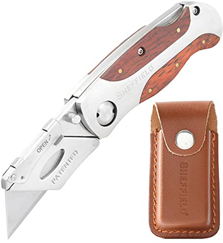 Sheffield 12818 Folding Utility Knife with Leather Sheath, Stocking Stuffers, Gifts for Men, Dad Gifts, Quick-Change Utility Knife Blades, Lightweight Hardwood Handle, Box Cutter, Cardboard Cutter