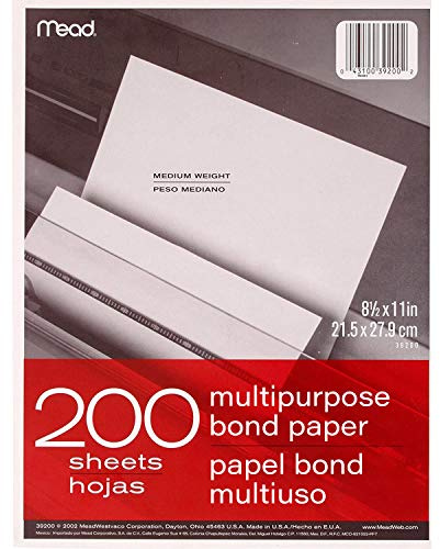 Mead Multipurpose Paper, 8-1/2 x 11, Letter Size, Bond, White, 200 Sheets/Pack (39200)