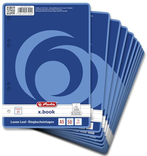 herlitz Ringbucheinlagen A5 liniert ohne Rand, 50 Blatt, 70 g/m² Papier, runde Ecken, gelocht, 10 Stück