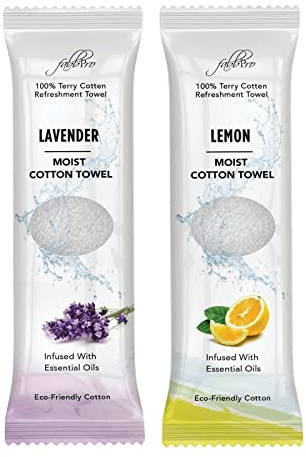 FabbPro Oshibori Moist Terry Cotton Refreshment Towels (50 Pack, 8 x 8 Inches) - White Mildly Scented Pre-moistened Towel to Use Hot or Cold - Lemon & Lavender Scent Bundle of 25 each