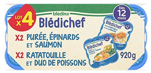 Blédina - Blédichef - Repas Bébé 12 Mois - 12 Plats Bébé Purée Epinard Saumon - 12 Repas Bébé Ratatouille Duo de Poissons - Dès 12 Mois - 24 Assiettes de 230g