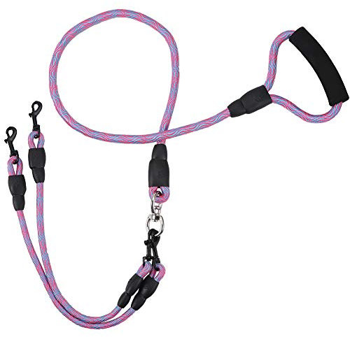 metagio 1 Pack Double Dog Leads, Nylon Dog Lead Splitter With Soft Handle, No Tangle Dual Leash for 2 Dogs Walking Training, Dog Lead for Dag Walking and Training Supplies(Pink)