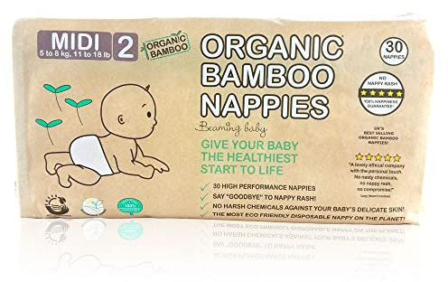 Beaming Baby Organic Bamboo Nappies Size 2, Midi, 11 Pack of 30 Bamboo Eco Nappies. Eco Friendly Bamboo Diapers for Your Beautiful Baby 2 to 5 Months