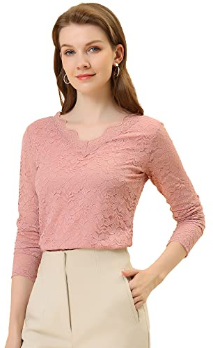 Allegra K Top de Blusa de Encaje de Manga Larga Transparente con Bordado Floral para Mujer Rosa S