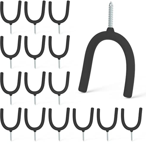 HUHOLE 16 Pack Screw in U Hook Value Set Multi-Purpose Wall Organizers Vinyl Coated Steel Utility Hangers U Hooks for Hanging Garden Tools Mops Brooms and Home Items Black