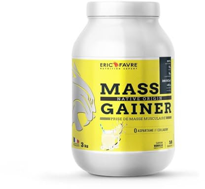 MASS GAINER +61% Glucides bi-sources, 30% Protéines, Prise de Masse Rapide, Gain de poids et Masse Musculaire - Eric Favre - Vanille 3 kg