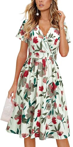 VOTEPRETTY Femme Robe d'été Florale à Manches Courtes et Col V, Robe Portefeuille Mi-Longues avec Poches et Plissé, Taille Unique L, Coloris Floral28