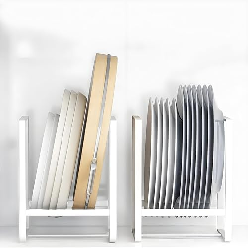 Kiswleon Organizador de platos de 2 unidades, soporte para platos de metal, organizador sencillo con asas fáciles de transportar, estante para platos de secado para platos, tablas de cortar, tapas de