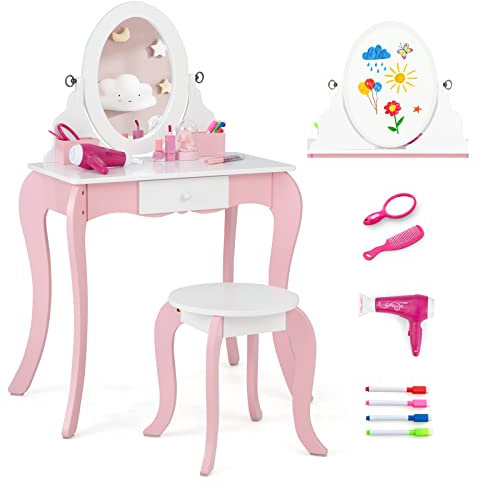 GOPLUS 2-in-1 Kinderschminktisch mit Hocker, Frisiertisch mit abnehmbarem & 360°drehbarem Spiegel Whiteboard, Schublade, 3 Frisierzubehör & 4 Stifte, Kosmetiktisch für Kinder 3-7 Jahren (Rosa+Weiß)