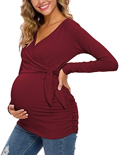 Love2Mi Top premaman da donna per allattamento al seno a maniche lunghe e corte top per allattamento con scollo a V T-shirt premaman vestiti per gravidanza, Vino Rosso-lungo, S