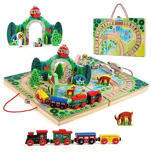 Jacootoys Wooden Take-Along Tabletop Railroad,4 Trains, Play Pieces, Bridge for Ages 3+ Girls Boys Gifts 18 PCS