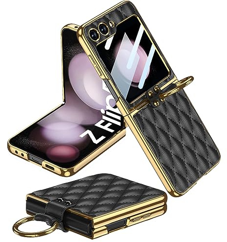 Miimall Custodia in Pelle Compatibile con Samsung z Flip 5, Cavalletto ad Anello Rotante, Telaio Antiurto Elettrodepositato con Pellicola Protettiva per Fotocamera HD, Case a Rombo per Flip 5, Nero