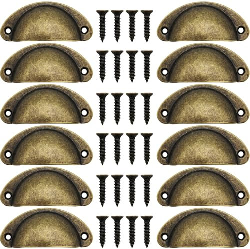 CTRICALVER Tirador Cajones Vintage, 12 Piezas Manijas de Concha Vintage, Tiradores Muebles, tiradores de armario semicírculo, Tiradores cocina vintage, bronce, con 24 Piezas tornillos